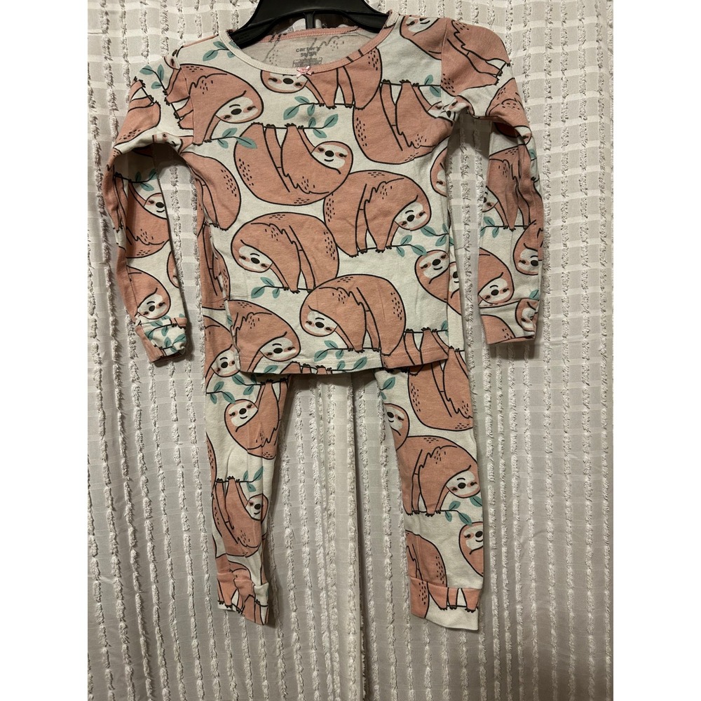 Carters Girls 5T Sloth Pajama Set Pink Cream Long Sleeve Snug Fit 2pc Sleepwear